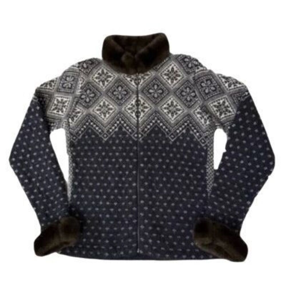 Lauren Ralph Lauren Navy and White Fair Isle Zip Sweater with Brown Fur Trim